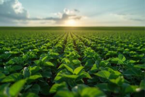 Linha de plantação até o horizonte com pôr do sol ao fundo