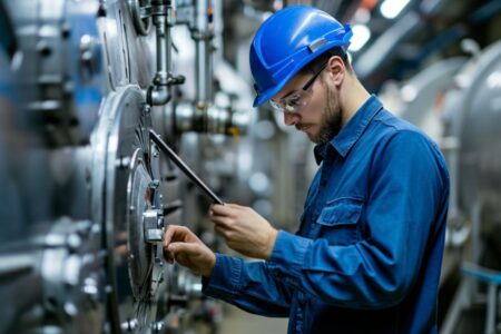 Trabalhador de capacete azul e óculos de proteção ajusta equipamento industrial com chave