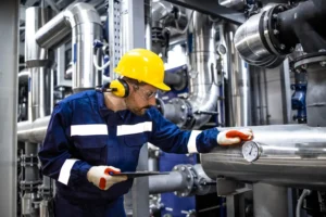 gas industrial: Técnico de segurança com capacete amarelo opera válvula e manômetro em tubulação de uma planta industrial, ao lado de redes de gases e equipamentos de controle