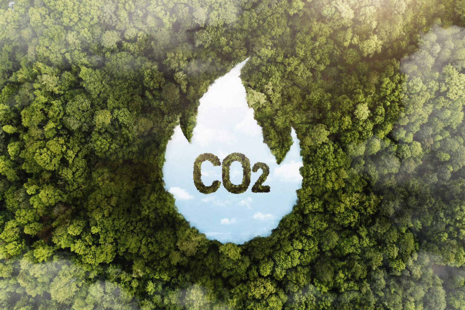 Imagem aérea de uma floresta com uma imagem no centro formando uma gota com a inscrição CO2, simbolizando a importância da conservação ambiental e combate ao aquecimento global e à pegada de carbono.