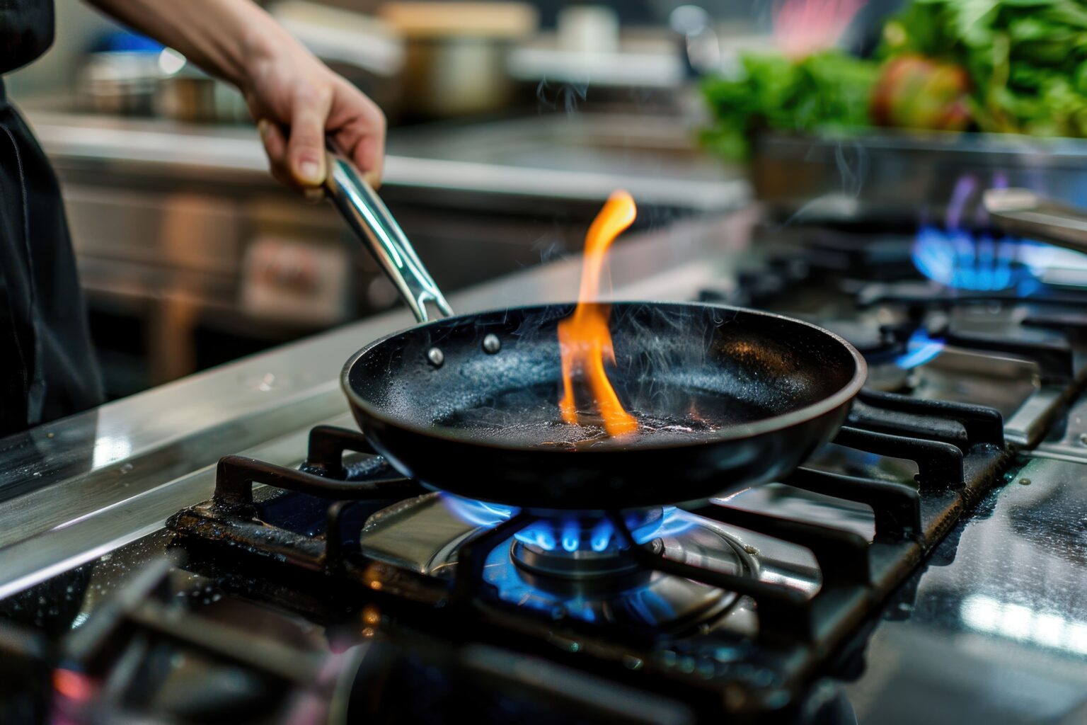 Pessoa acende o fogo no fogão usando uma frigideira preta, preparando uma receita na cozinha com o fogo acessa e uma chama visível. Ambiente de cozinha moderna, com foco na segurança alimentar.