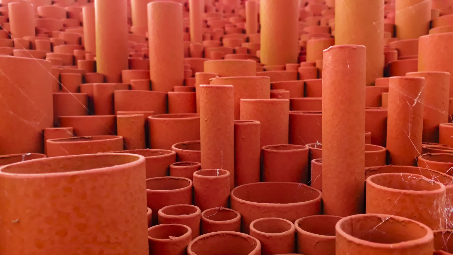 Vários tubos de cerâmica de diferentes tamanhos empilhados, formando uma estrutura colorida e irregular, em tons de laranja e vermelho.