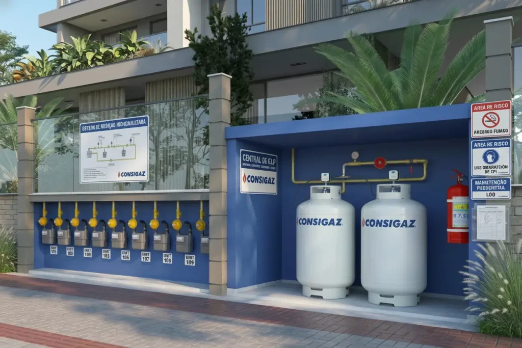 Central de GLP da Consigaz com sistema de abastecimento e cilindros de gás, painel de controle, sinalizações de segurança e mangueira exposta em área externa.