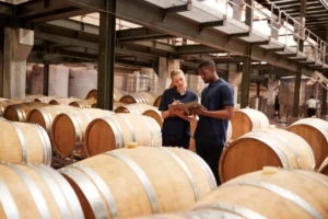 Equipe em uma vinícola observa barris de carvalho em uma adega com produção organizada, destacando controle de temperatura para manter a qualidade do vinho durante a maturação.