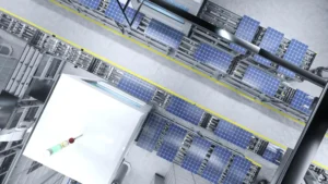 Painel solar e equipamentos de inversores em ambiente industrial, com visão de módulos fotovoltaicos conectados a sistemas de energia, útil para backup de energia solar e armazenamento