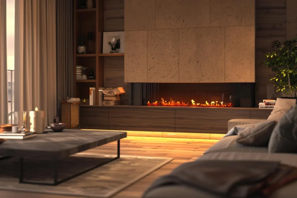 Sala aconchegante com lareira acesa e luz quente no inverno, mostrando como aquecer a casa no inverno com conforto e ambiente acolhedor